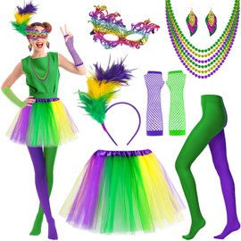 14PCS Mardi Gras Feather Headband Eye Mask Tutu Skirt Earrings Bead Necklaces Striped Gloves Stocking Tights for Women Girls Mardi Gras Outfit Accessories Set Mardi Gras Costumes Venetian Party Favors