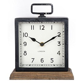 Carousel Home and Gifts Distressed Square Black Metal Mantel Clock On Wood Base