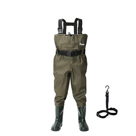 Ouzong Chest Waders for Kids, Lightweight Cleated Nylon and PVC Fishing Bootfoot Chest Waders for Boy and Girl with Boot Hanger, Army Green Waterproof Chest Waders for Children (Green, 4/5)