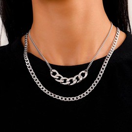 Sttiafay Cuban Link Chain Necklace Layered Silver Chunky Chain Necklace Punk Hip Hop Clavicle Chain Necklace Jewelry for Women and Girls