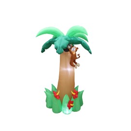 6 Foot Tall Jumbo Summer Party Inflatable Palm Tree with Monkey Coconut and Flower Pre-Lit LED Lights Outdoor Indoor Lawn Yard Holiday Decoration Blow up Home Garden Decor