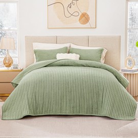 Love's cabin Velvet Quilts for Queen Bedspreads Bedding Set - Luxury Velvet Quilt Lightweight Bedspread - Striped Pattern Comforter Coverlet for All Season - Sage, 3 Piece (1 Quilt, 2 Pillow Shams)