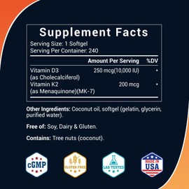 Luckycare Vitamin D3 K2 10000 IU Plus K2 (MK-7) 200 mcg, 120 Coconut Oil Softgels| 2 in 1 VIT D & K Complex | Supports Calcium Absorption, Bone, Teeth, Heart & Immune Health,120Count