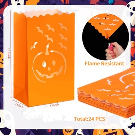 Honoson 24 Pcs Halloween Luminary Bags Fire-Retardant Material Pumpkin Orange Tea Light Candle Bags Durable Reusable for Halloween Engagement Event Marriage Proposal Decor Supplies