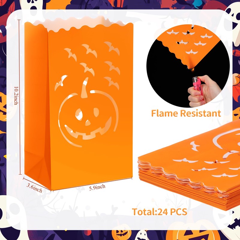 Honoson 24 Pcs Halloween Luminary Bags Fire-Retardant Material Pumpkin Orange