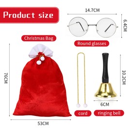 Aurasky Christmas Sack, Velvet Santa Sack with Cord and Pompoms, Santa Glasses and Bell, Santa Sack Gift Bag Christmas for Santa Costume Decoration