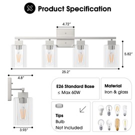 Espird 4 Light Bathroom Vanity Light - Brush Nickel Bathroom Light Fixtures Square Design & UL Certification & Square 26” Silver Bathroom Lights Fixture Over Mirror, Brush Nickel Light for Bathroom