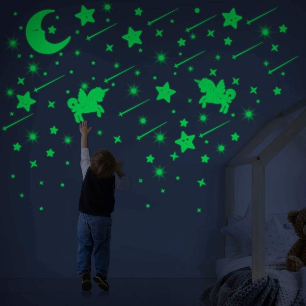 382 Pcs Glow in The Dark Stars Wall Stickers, Glowing Stars for Ceiling and Wall Decals, 3D Glowing Stars Moon Unicorn for Kids Boys Girls Bedding Room Decoration or Party Birthday Gift