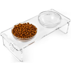Dog and Cat Bowls Elevated Set - Acrylic Feeder Stand with 2 Set Removable Stainless Steel and Glass Bowls Food and Water Raised Dishes for Medium Dogs,5.5 inches