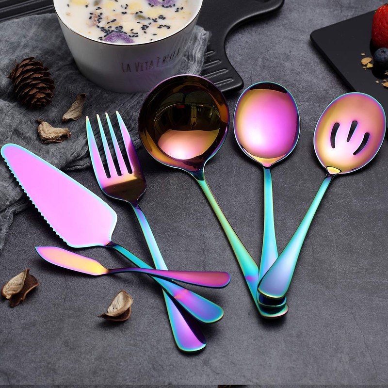 Homquen 30-Piece Cutlery Set, 6-Piece Serving Set - Black/Gold/Copper/Rainbow