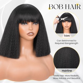 Marshey Blunt Cut Bob Wig with Bangs Kinky Straight Wig Synthetic Hair Short Yaki Straight Black Wig Shoulder Length 12 Inch for Daily Party Wedding Cosplay