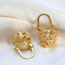 OwMell Elegant 925 Sterling Silver Pearl Drop Earrings Dangle Stud Gold Plated Earrings for Women Large Size 12mm - Hollowed Ginkgo Gold