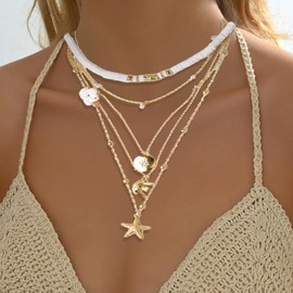 Starfish Necklace Gold Seashell Charm Necklace for Women Beach Shell Necklace Summer Surfer Neclace Beach Jewelry Boho Layered Necklaces Summer Dresses Accessories