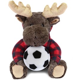 DolliBu Moose Stuffed Animal with Soccer Plush - Soft Huggable Moose with Red Plaid Hoodie, Adorable Playtime Plush Toy, Cute Wildlife Gift for Kids and Adults - 10 Inch
