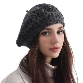 Classic Wool Leopard Beret Hats for Women Man Painter hat French Beret for Man Woman Warm Winter. (Leopard Print Gray)
