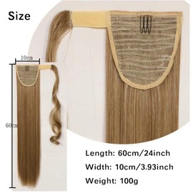 iLUU 24 inch Long Straight Synthetic Hair Piece Ponytail Extension Clip Attachment Pony Tail Hairpieces #12 Golden Brown Highlights with #12 Medium Blonde Ponytail Extensions for Women 100g