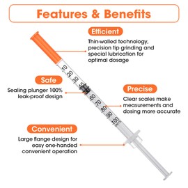 100Pack Lab Dispensing Transfer Liquid U-100-31 Ga, 1.0cc/mL Jeringas with 1/4" (6mm) Cap, Individually Wrapped