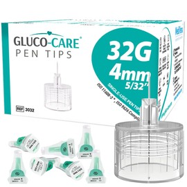GLUCO-CARE Pen Tips 32G x 4mm, Universal Fit, 100/bx, Comfort Design, Ultra Thin Wall for Optimal Flow, Easy Twist-On and Twist-Off