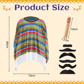 HICARER Pack of 3 Carnival Mexican Costume with Colourful Festival Serape Poncho Western Cowboy Festive Moustache Funny Fake Cigar for Adults Men Women One Size (Classic)