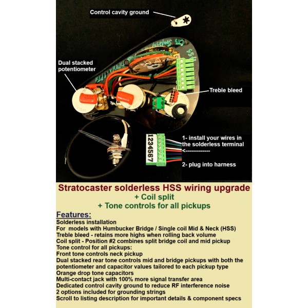 Charlies Gear Strat Solderless HSS Wiring Upgrade +Treble bleed +Coil