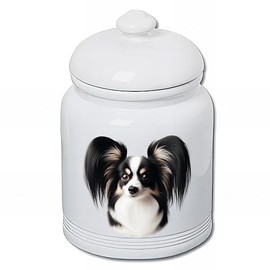 Best of Breed Papillion Tri Dog and Cat Ceramic Treat Jar 9" Tall Air Tight Seal All White