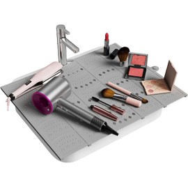 Bathroom Sink Cover for Counter Space, Foldable Silicone Sink Mat Makeup Organizer Mat Space Saver, Women’s Gifts for Christmas RV Camper Travel Must Haves Accessories, Grey