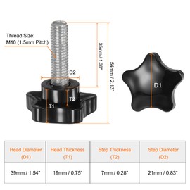 sourcing map 4pcs Star Clamping Knobs M10 x 35mm Metric Male Thread 39mm Large Plastic 5-Star Head Hand Tightening Thumb Screw Jig Knob Handle, Black
