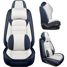 Bitablue Seat Covers for Volkswagen GTI 2002-2014 PU Leather Car Seat Cover Compatible Airbag Seat Protector Waterproof Luxury Auto Seat Covers(Blue&White,Front Set with Pillow)