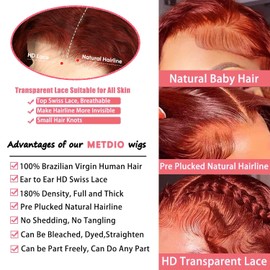 METDIO Reddish Brown Lace Front Wigs Human Hair Pre Plucked 13X6 Body Wave Lace Front Wigs Human Hair with Baby Hair Colored Red HD Lace Frontal Wigs 180% Density Human Hair Wigs For Women 24 Inch