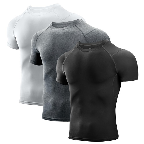 Niksa - Lot de 3/5 maillots de compression pour homme - Manches courtes - T-shirt de compression athlétique - Cool Dry, Taille L