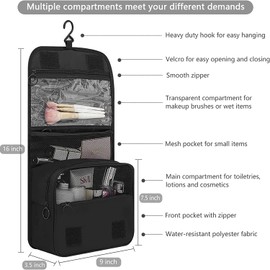 Hanging Toiletry Bag, Travel Wash Bag for Women Portable Folding Cosmetic Organizer Large Capacity Girls Makeup Bag Waterproof Shower Bag with Separate Compartment (Black)