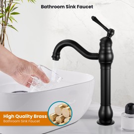 gotonovo Single Handle Vessel Sink Faucet 360° Swivel Bathroom Faucet One Hole Farmhouse Lavatory Vanity Faucet Bowl Sink Mixer Tap with Pop Up Drain, Matte Black