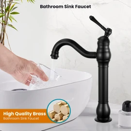 gotonovo Single Handle Vessel Sink Faucet 360° Swivel Bathroom Faucet One Hole Farmhouse Lavatory Vanity Faucet Bowl Sink Mixer Tap with Pop Up Drain, Matte Black