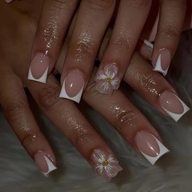 24 Pcs Pink Press on Nails Short Square Nail Tips,YEFIUO White French Acrylic Fake Nails Press ons with Small Steel Balls Flowers Design Glue on Nails Full Cover Reusable False Nails Art Kit for Ma'am