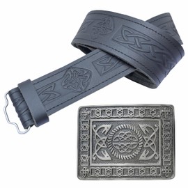 Leather Kilt Belt and Buckle Set - Scottish Celtic Diamond Embossed Leather Belt Celtic Knot Serpent Buckle, Perfect Kilt Belts for Men (Celtic Knot - Serpent, Silver - Antique, Large, 38-42 Inch)