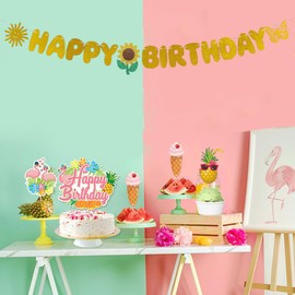 KUNGOON Gold Glitter Happy Birthday Banner with Sunflower and Butterfly, Spring Garden Theme Party Decoration.