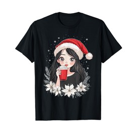 Christmas Women Coffee Flower Decoration Girls Christmas Woman T-Shirt, black
