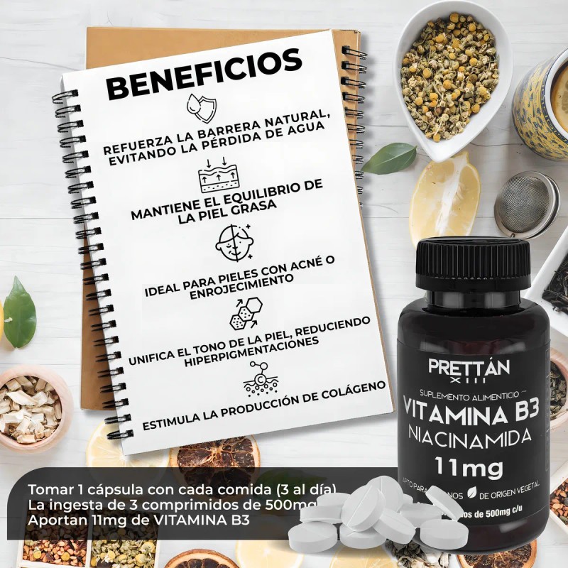Vitamina B3 Niacinamida Prettan 60 Cápsulas 500mg