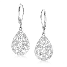 Silver Teardrop Dangle Earrings for Women 925 Sterling Silver Cubic Zirconia Leverback Filigree Drop Dangle Earrings Jewelry Hypoallergenic Silver Teardrop Filigree Earring for Women