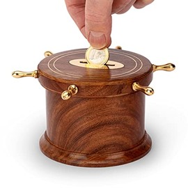 NKlaus Maritime money box steering wheel made of natural wood and brass gold 8.5 high money boxes 11738