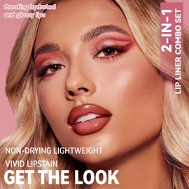 HOSAILY Lip Combo – 2 in 1 Dual-Ended Lip Liner Lipstick & Gloss Kit, Rosewood Glow Juicy Lip Mirror Effect, Velvet Matte Lip Liner Smooth Buildable Glass Quick Fuller Lip Plumping Set for Women04#