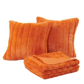 Home Soft Things Rabbit Faux Fur Throw Blanket (60" x 80") and 2 Pillow Covers (18" x 18")，3 Piece Burnt Orange Throw Pillow Set，Decorative Throw Blankets for Couch Bed Living Room