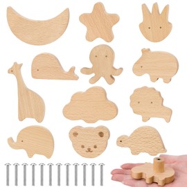 Hysagtek Wooden Furniture Knobs for Children's Room, Pack of 12 Cabinet Knobs, Wood, Various Animal Shapes with Screws, Creative Decoration Door Knobs for Children's Bed, Wardrobe and Dressing Table