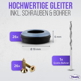 Filzada® 26 x Teflon Glides for Screwing - Diameter 19 mm (Round) - Furniture Glides / Carpet Glides PTFE (Teflon) with Screws