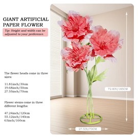 ASDFG 3pc Artificial Giant 3D Flowers Decorations - Huge Adjustable Height Faux Flower for Wedding Birthday Party Shop Window Display Arrangement Event Decoration (Red)