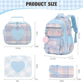 Bevalsa Kids Backpack for Girls with Bento Lunch Box Set, Plaid Purple Bookbag Backpack for Girls Kid, 43oz Lunch Containers Lunchbox, Insulated Lunch Bag & Pencial Case, Back To School Gift