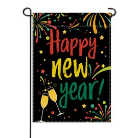 Artofy Happy New Year 2026 Small Decorative Garden Flag, Colorful Fireworks Champagne Celebration Yard Lawn Outside Decor, Christmas Winter Burlap Outdoor Home Decoration Double Sided 12 x 18