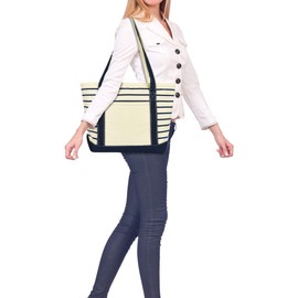 DALIX Small Stripe Tote Deluxe Shoulder Bag Cotton Canvas in Navy Blue