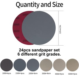Pack of 24 Sandpaper 125 mm Velcro Round Wet Dry Sanding Discs Random Orbital Sandpaper Sandpaper for Metal Wood - 1000/1500/2000/3000/4000/5000 Grits