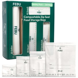 FEBU Compostable Food Storage Bags Variety Pack, 260 Count | Compostable & Biodegradable | PFAS & BPA Free | Drawer Organizer Box | 90 Snack, 90 Sandwich, 50 Quart, 30 Gallon